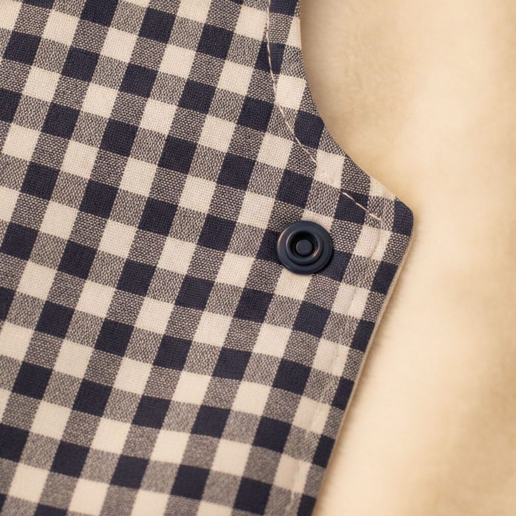 Close-up of gingham fabric and side snap on the baby feeding smock — Maison's Kitchen