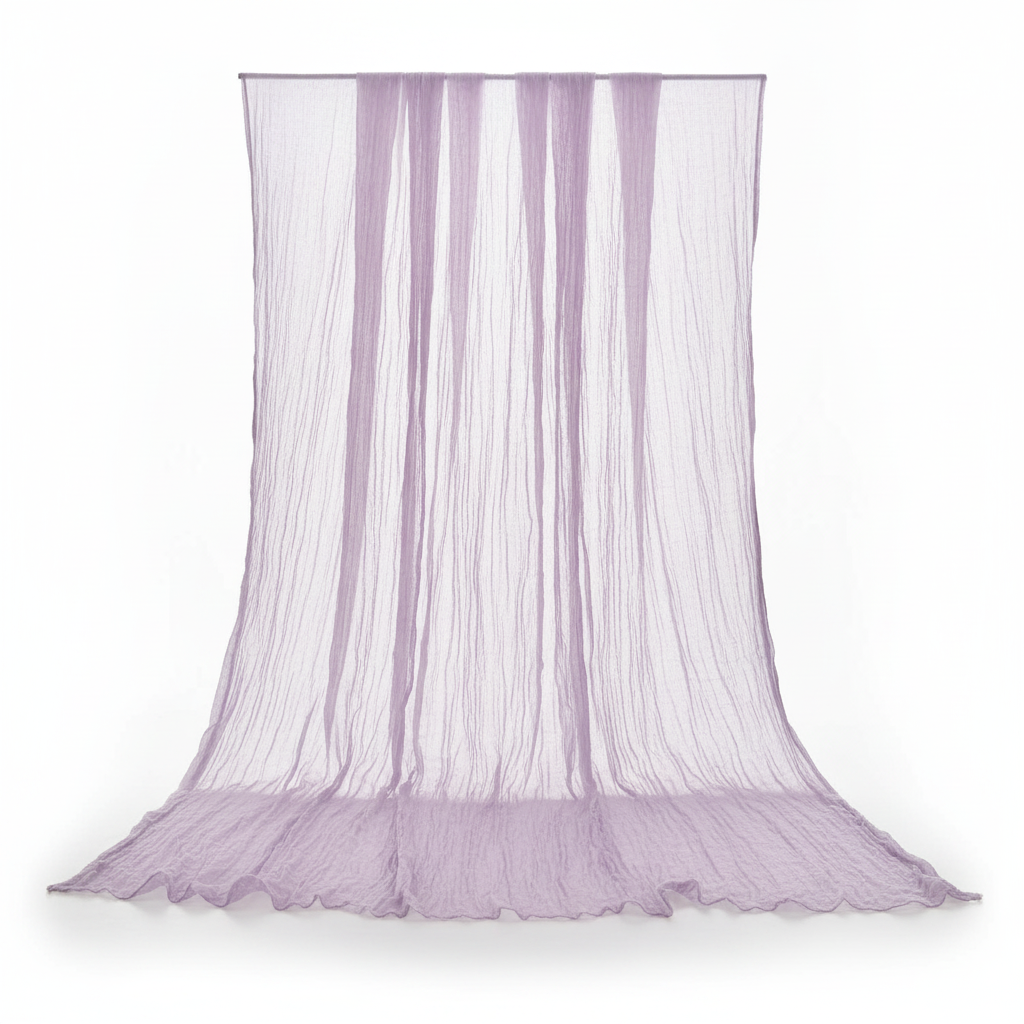 Lilac lavender gauze cheesecloth table runner draped on a white background showing its sheer crinkled texture