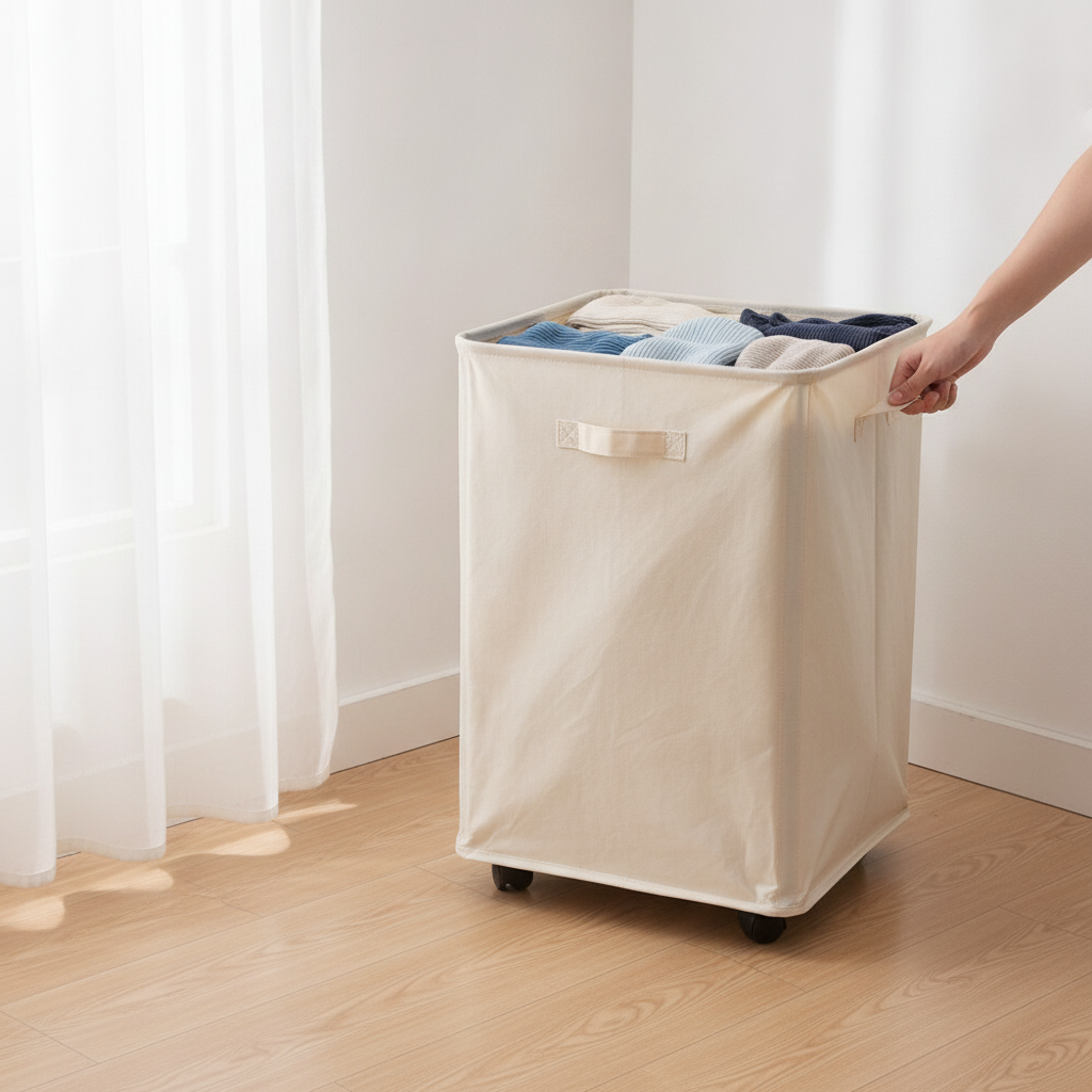 Wheeled Oxford laundry hamper filled with folded laundry being rolled in a bedroom