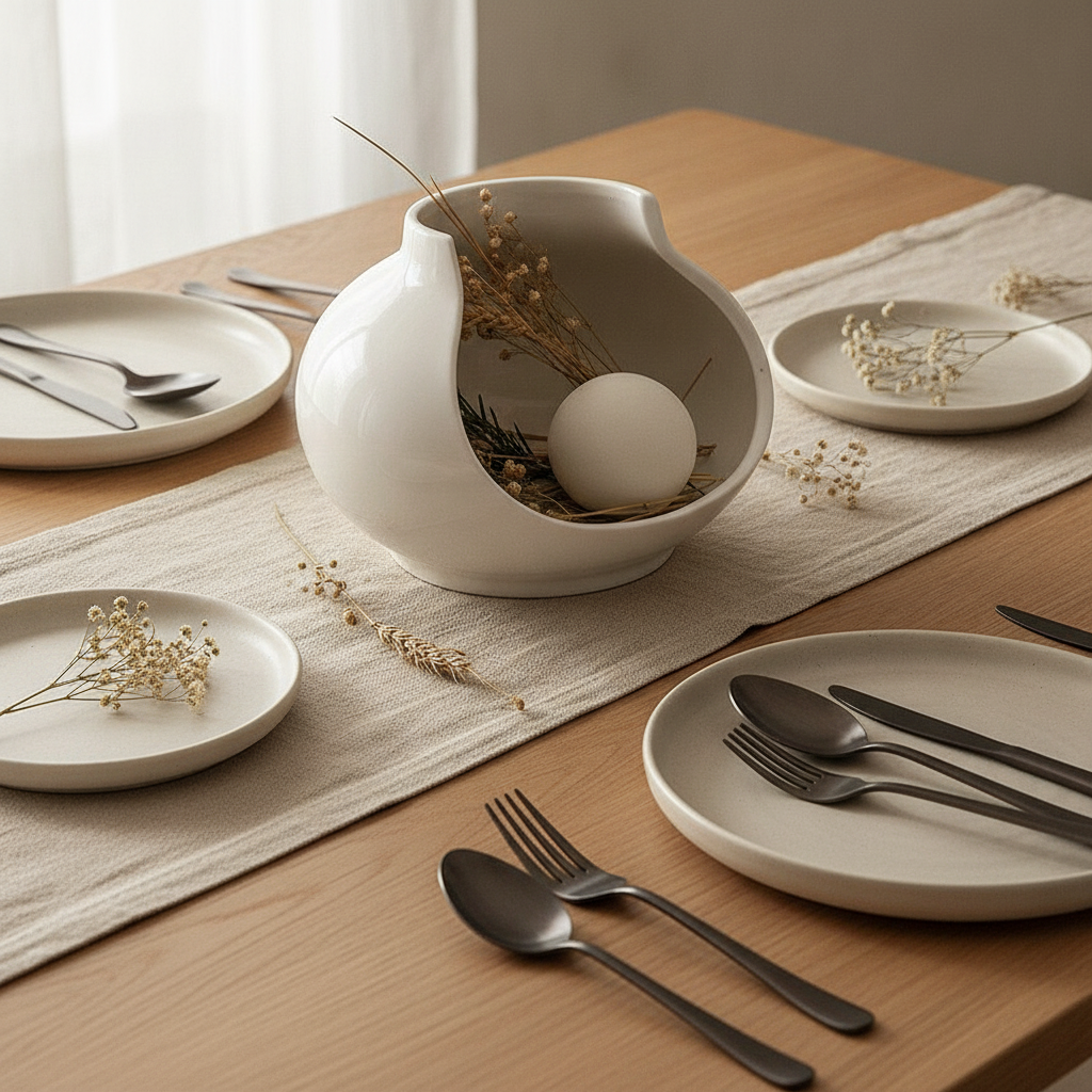 Styled European tablescape with the Anfora sculptural porcelain vessel as centerpiece