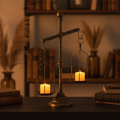 Balance-scale candle holder with block candles lit and glowing in each iron cage in a warm library setting