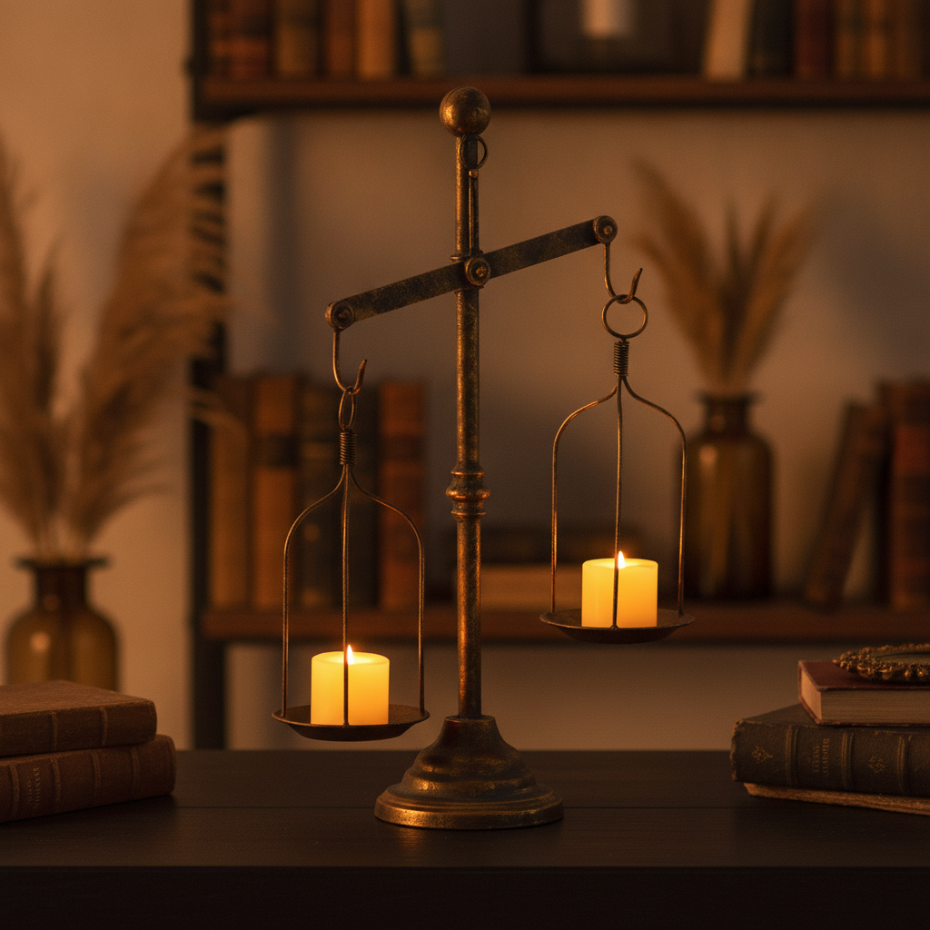 Balance-scale candle holder with block candles lit and glowing in each iron cage in a warm library setting