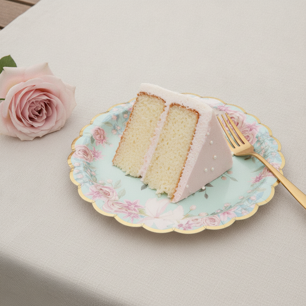 Angled close-up of a vintage floral gold-rim scalloped paper plate with cake and gold fork