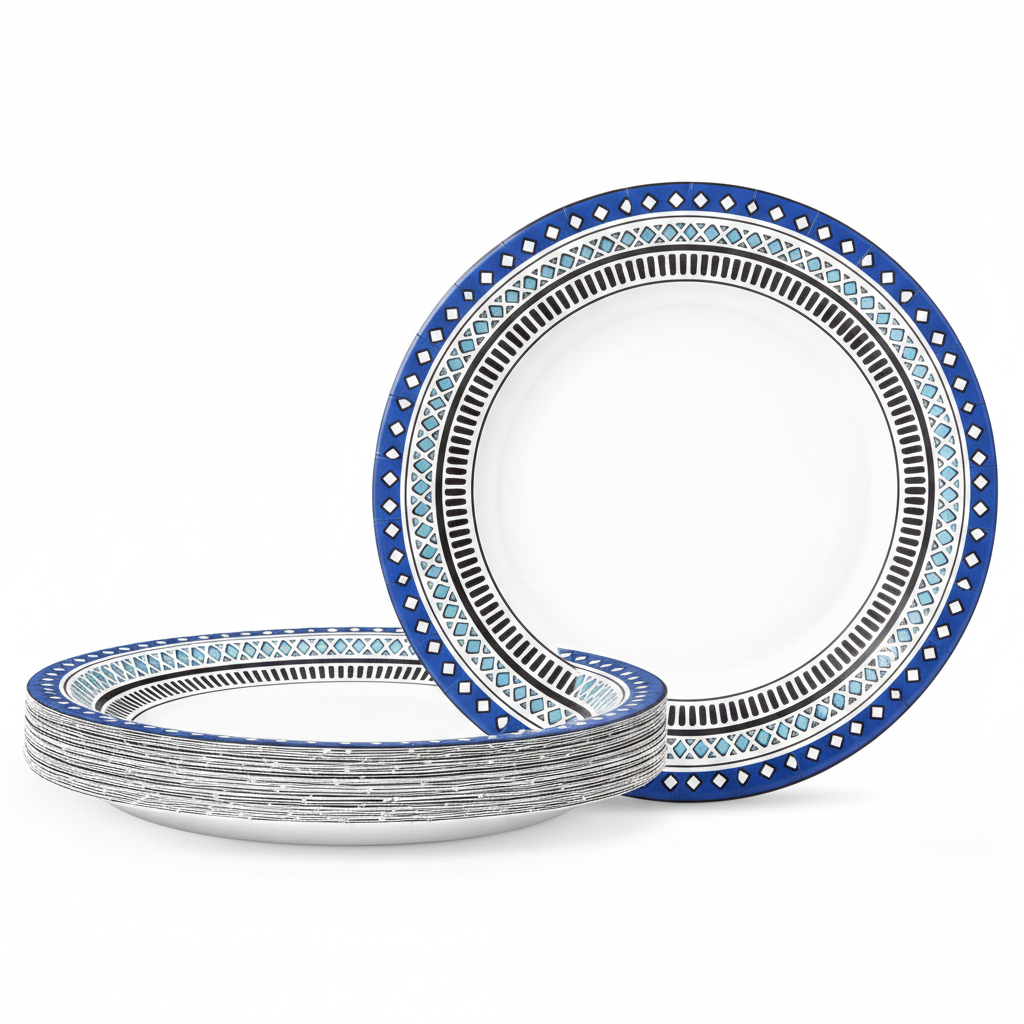 Stack of white paper plates with blue patterned border on white background