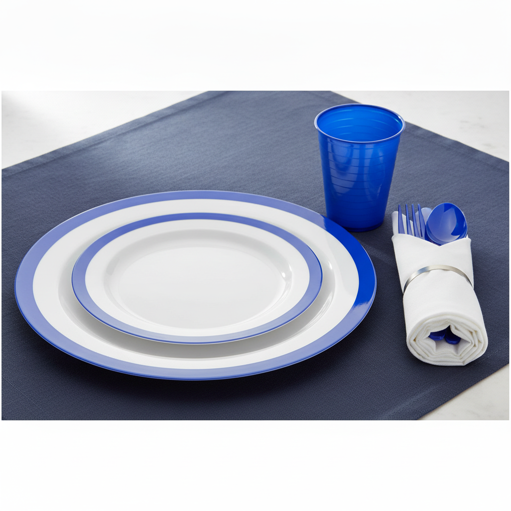 Blue-rim disposable plastic place setting with solid royal blue cup and blue-handled cutlery