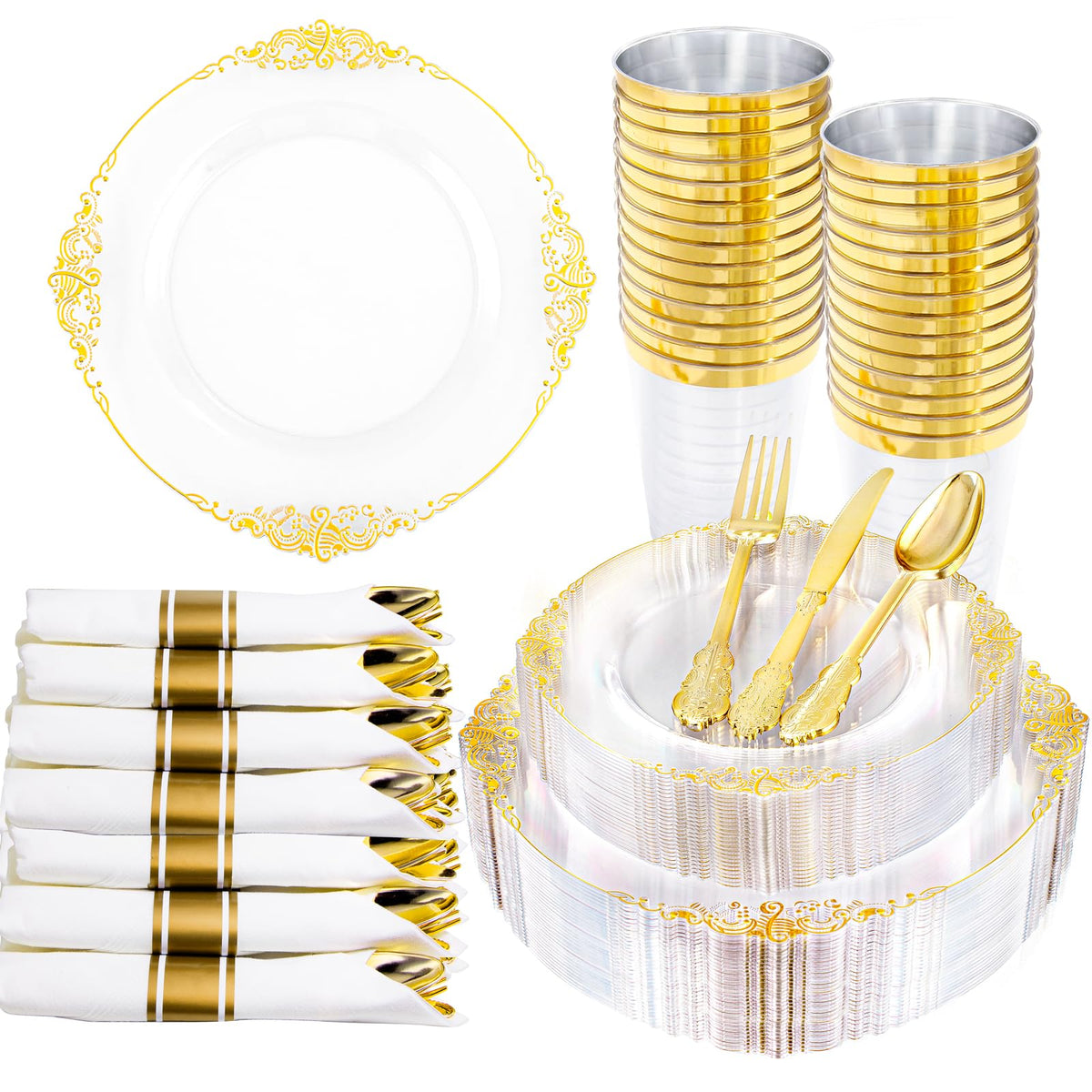 Clear Plastic Dining Set with Gold Trim, 210 pc