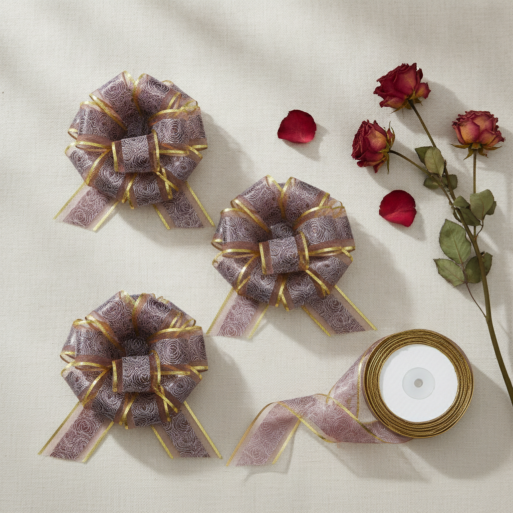 Overhead flat-lay of three brown rose organza pull bows with ribbon and roses