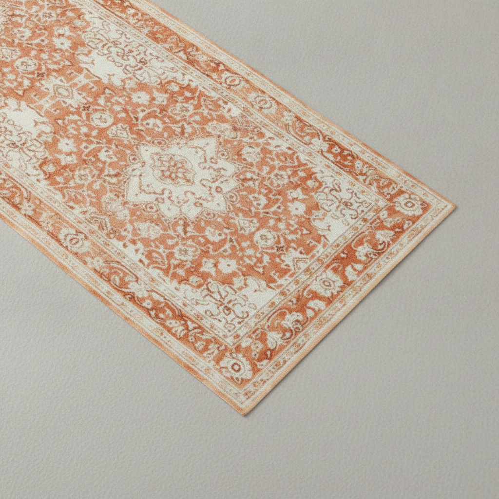 Overhead flat-lay detail of ornate Moroccan border print and hemmed edge on boho runner