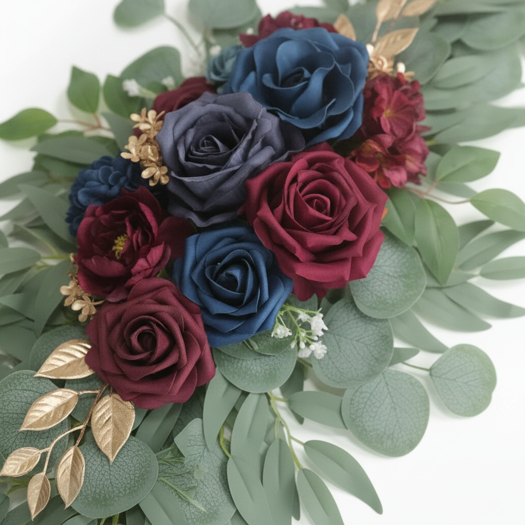 Close-up of navy rose, burgundy rose, gold leaves and sage eucalyptus