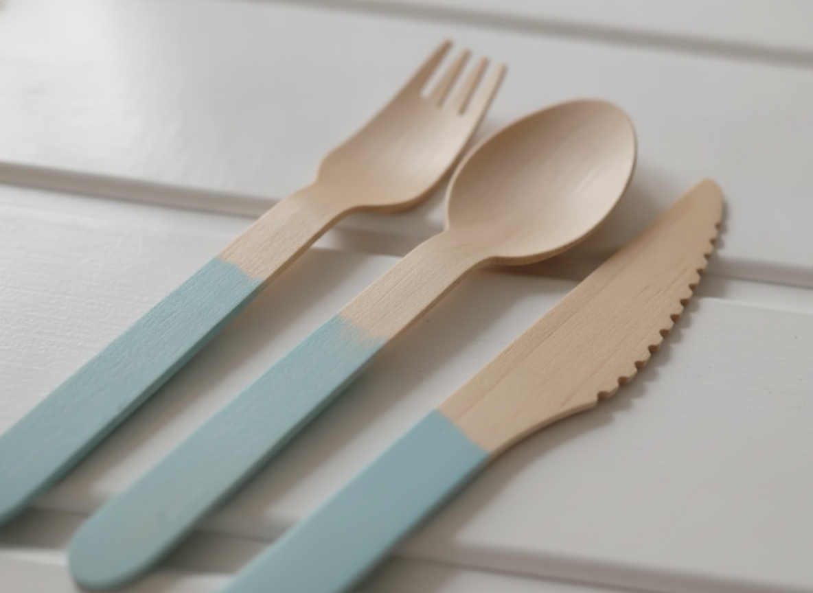 Close-up of natural wood grain and pastel blue dipped handle detail