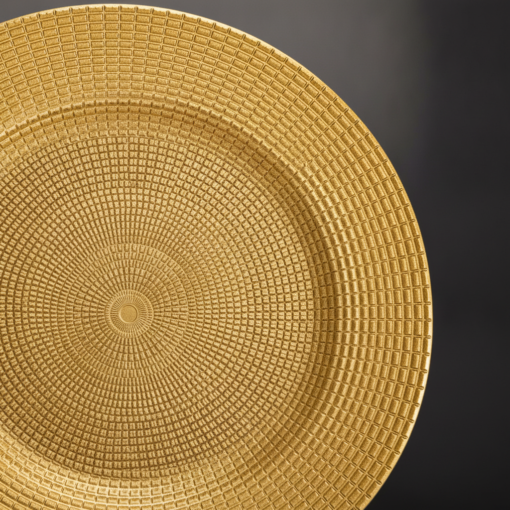 Macro close-up of gold radial chain-link relief texture on a charger plate