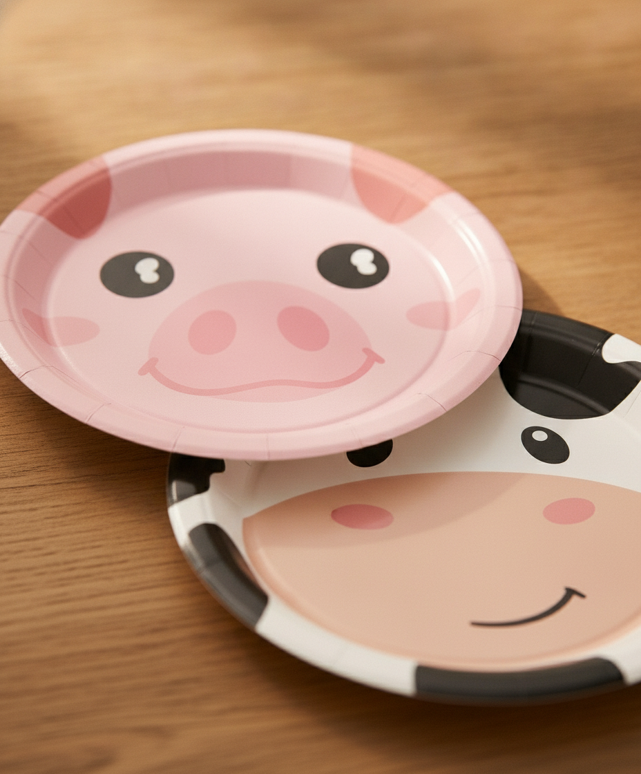 Macro close-up of pig and cow matte paper party plates showing thin disposable paper edge
