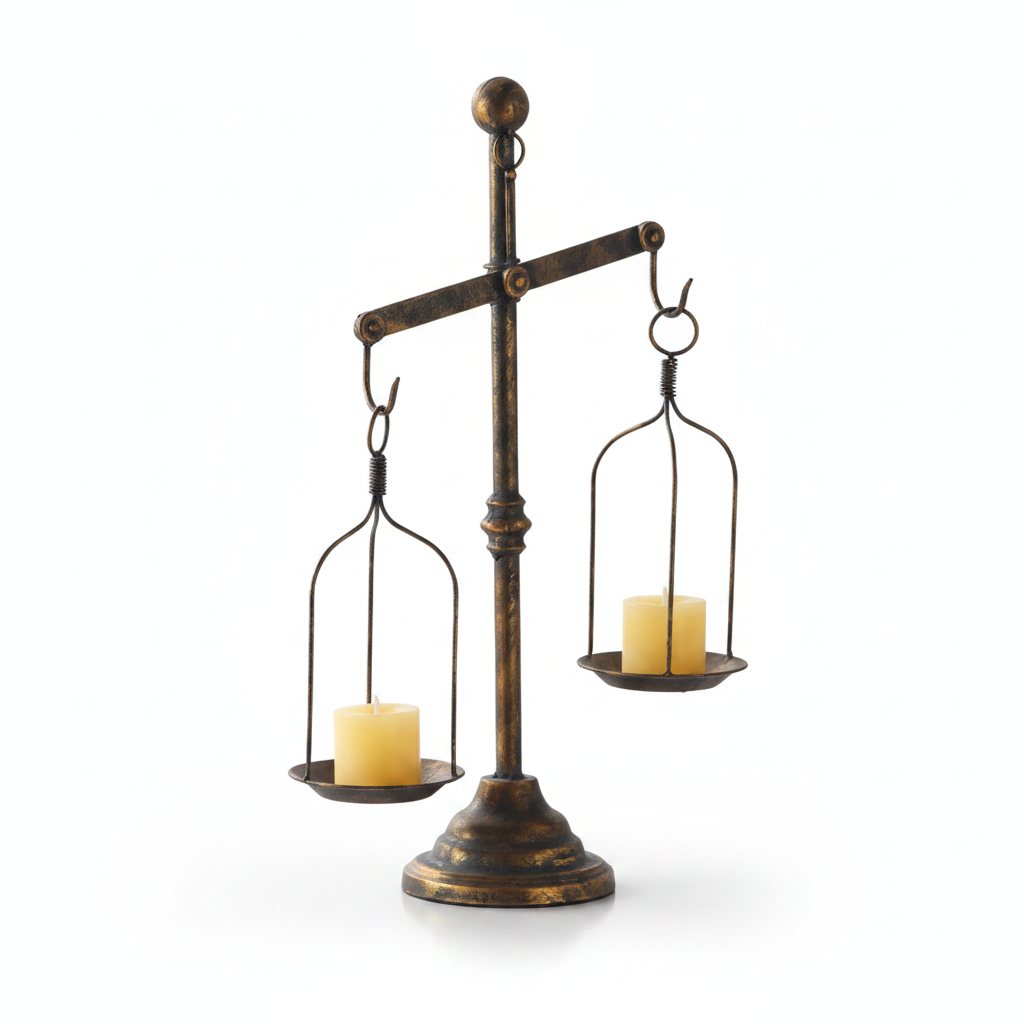 Bilancia vintage balance-scale candle holder in aged bronze iron with two hanging candle cages on white