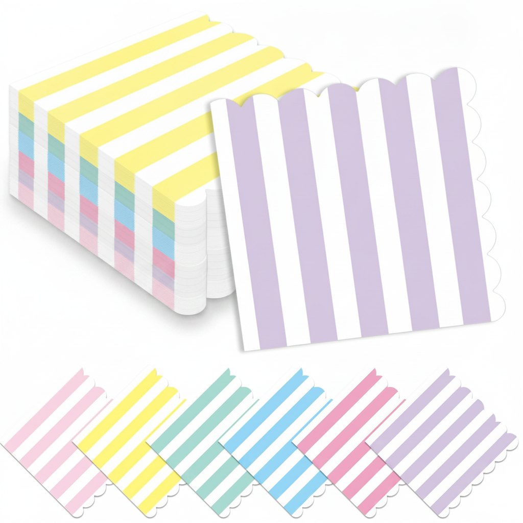 Fanned assortment of pastel stripe scalloped-edge paper napkins on white