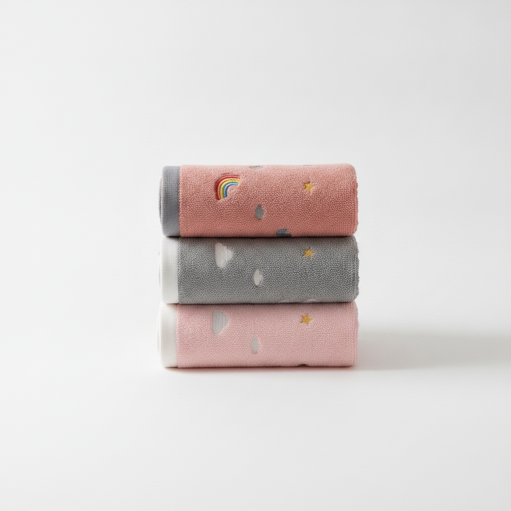 Three folded rainbow-stitch cotton hand towels in pink-gray, gray-white and pink-white on white