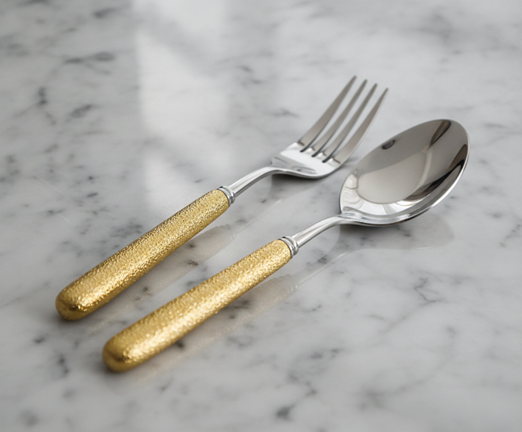 Close-up of gold-handle mirror-polished fork and spoon