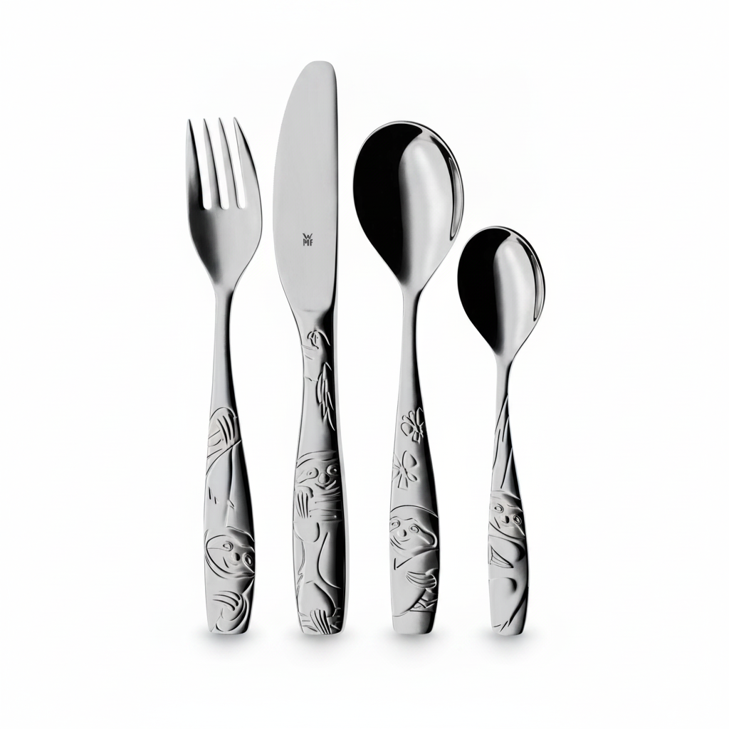 Kids 4-piece stainless steel cutlery set with embossed animal motifs on white background