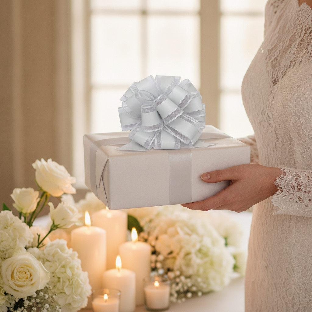 Silver pull bow on a white wedding gift held by a bride at a reception