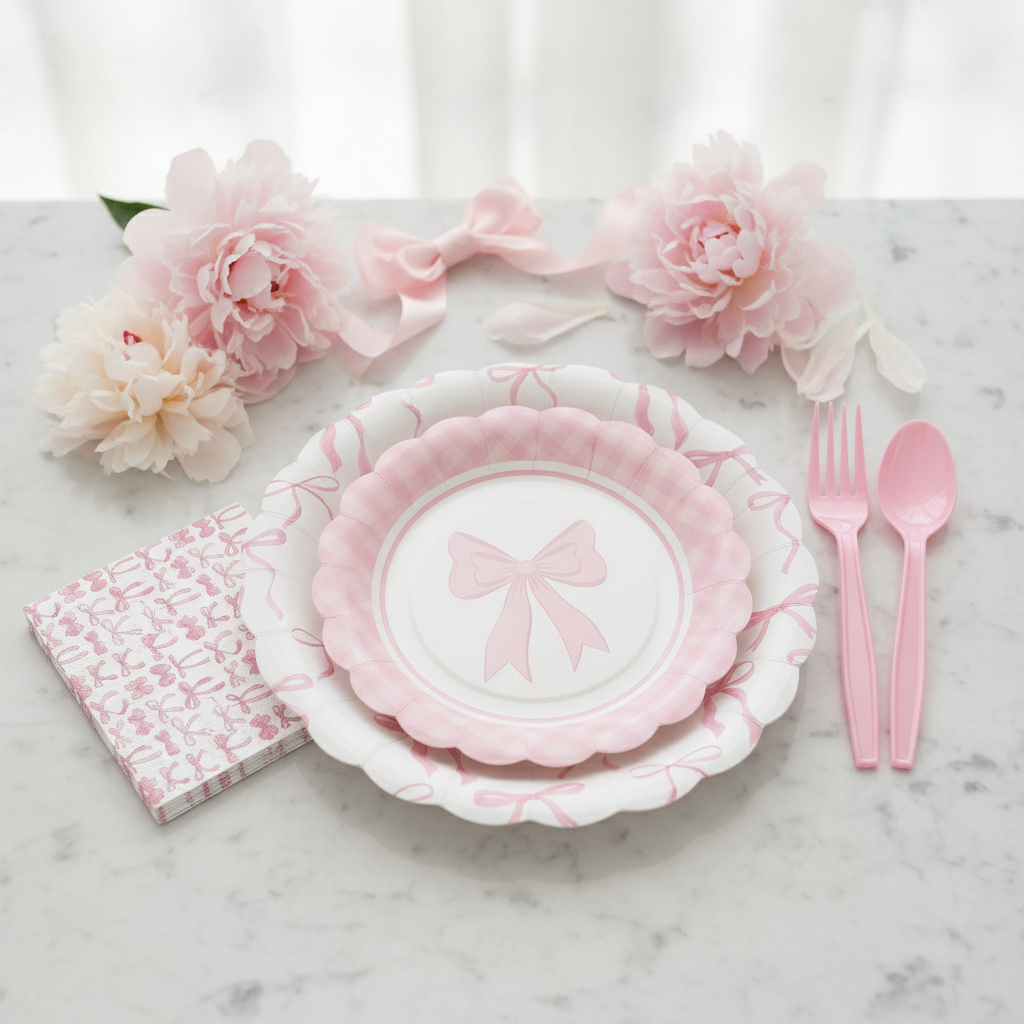 Pink bow paper place setting with napkin and cutlery and peonies on marble