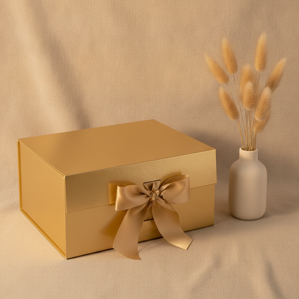 Glossy gold magnetic gift box with gold satin bow on beige linen with dried pampas grass