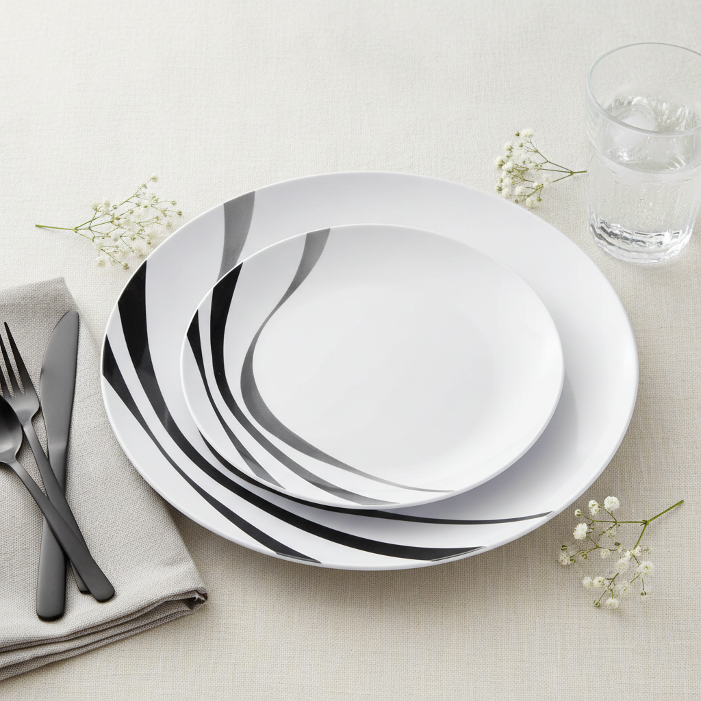Elegant party place setting using white and black swirl plastic plates with napkin and flatware