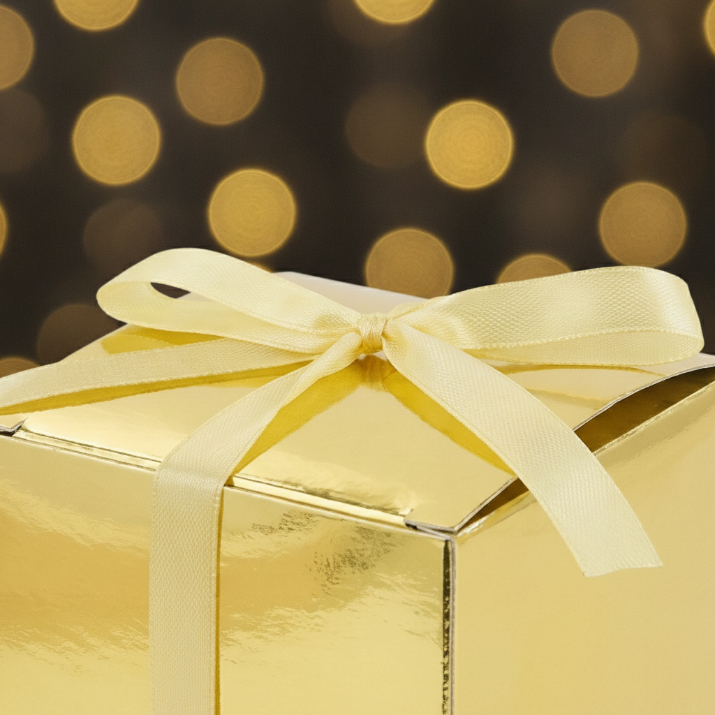 Macro detail of the gold satin ribbon bow on a shiny metallic gold mini gift box