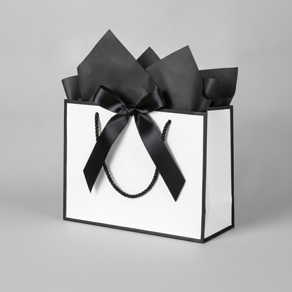 Single white gift bag with black trim, rope handles and black satin bow