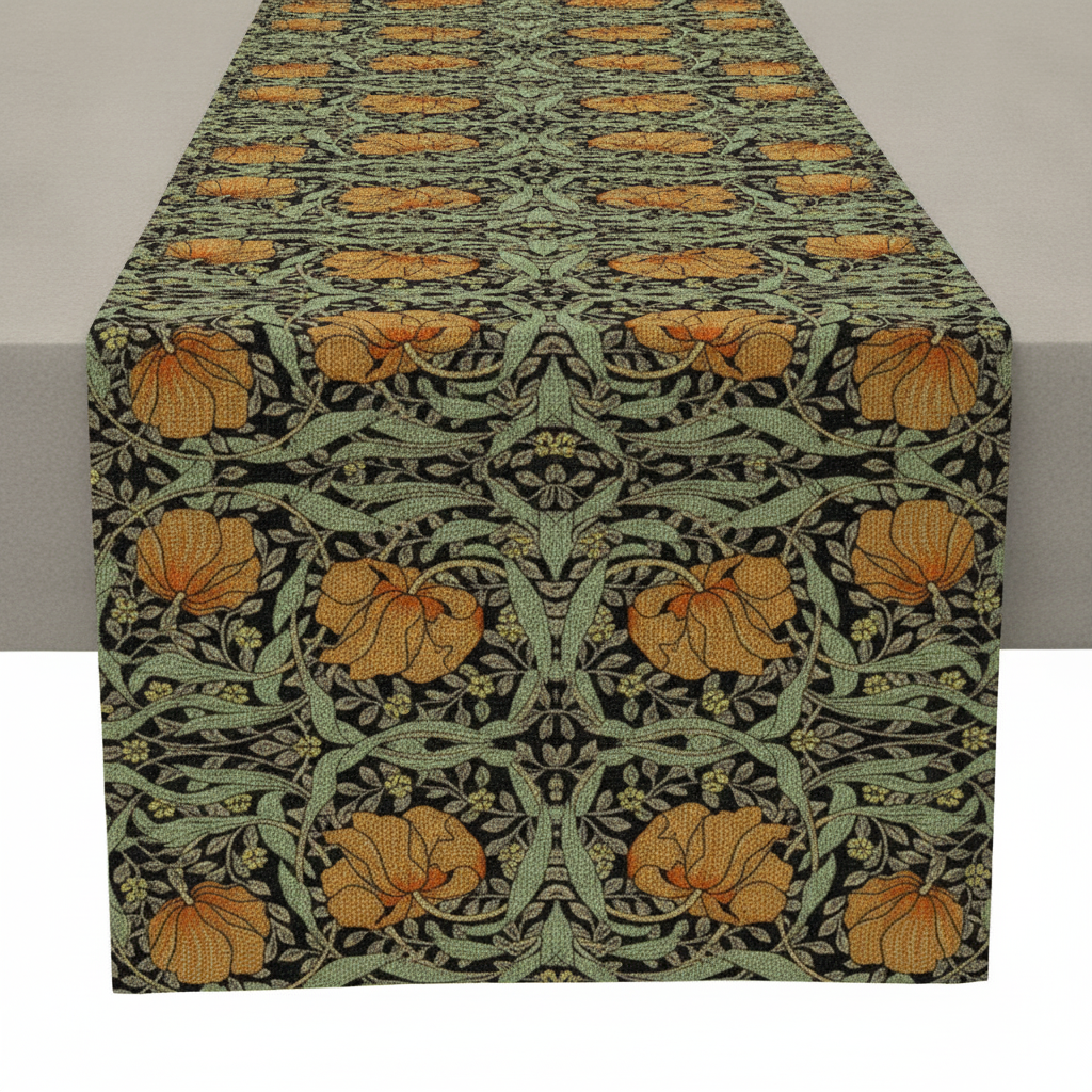 Close-up of the coarse woven jute burlap texture and orange floral pattern