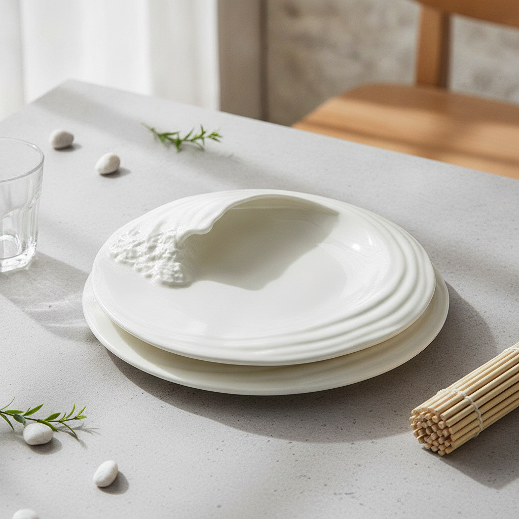 Two sculptural wave porcelain plates stacked in a minimal dining setting