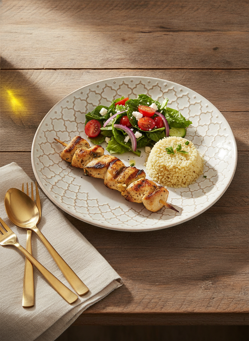 Marrakech relief-lattice plate plated with a Mediterranean meal on a wooden table with gold cutlery