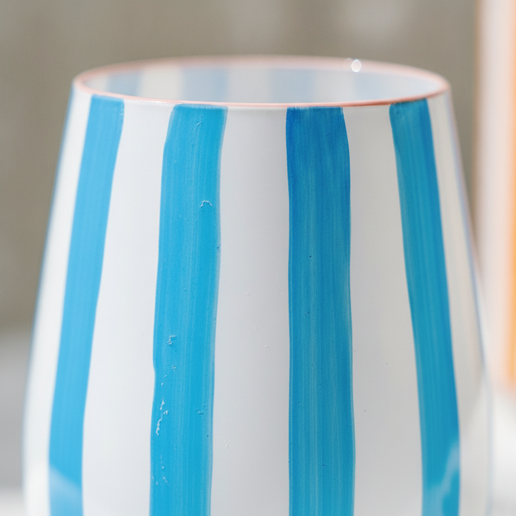 Macro detail of the hand-painted stripes and clear glass of the Riga tumbler
