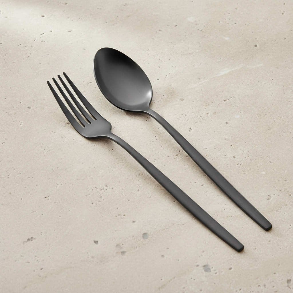 Close-up of matte black fork and spoon