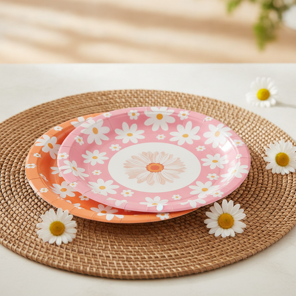 Stacked pink and orange groovy daisy paper plates on a rattan placemat