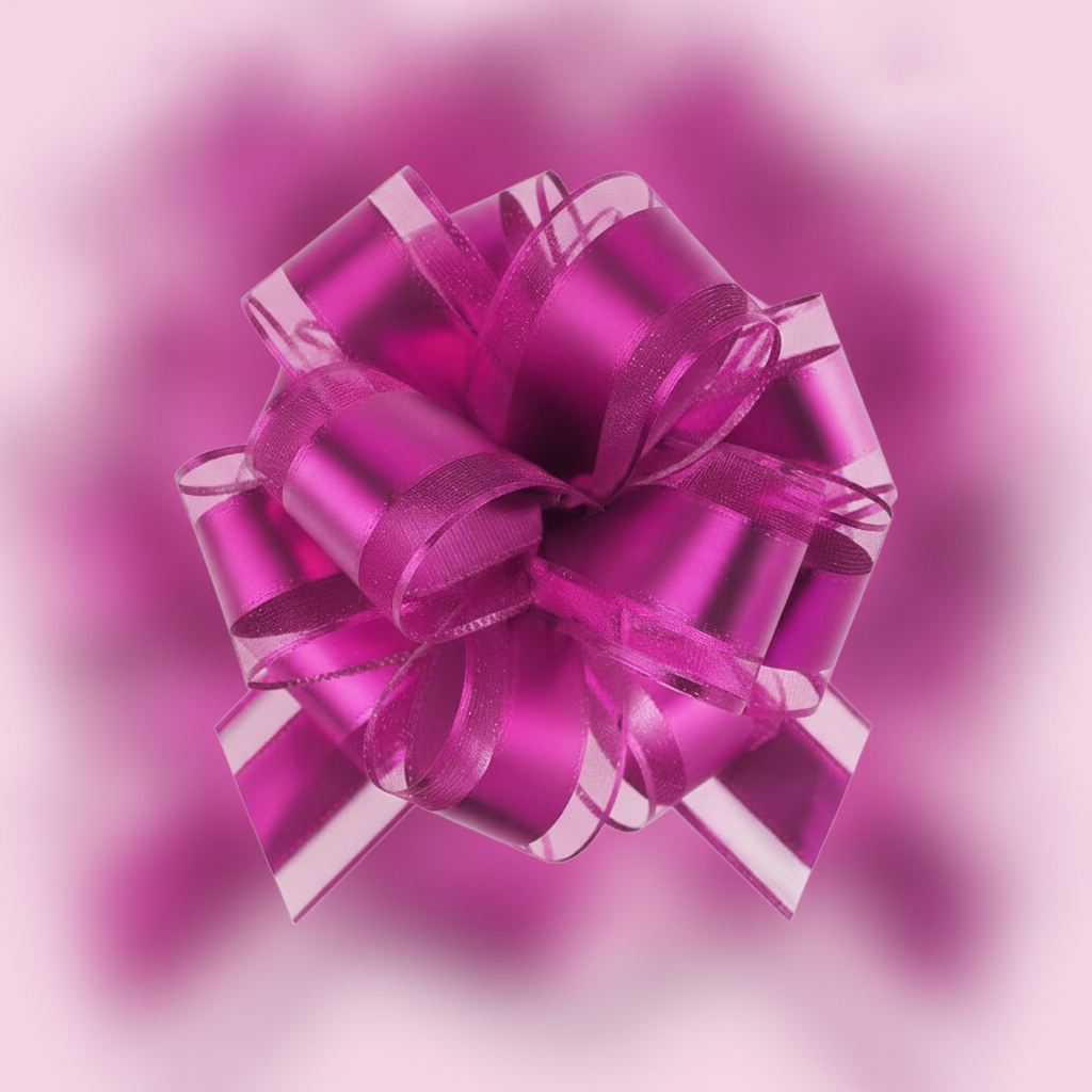Macro detail of a hot pink pull bow showing glossy ribbon loops with sheer striped edges