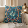 Blue-teal mandala throw cushion styled on a cream sofa with lantern — Maison's Kitchen