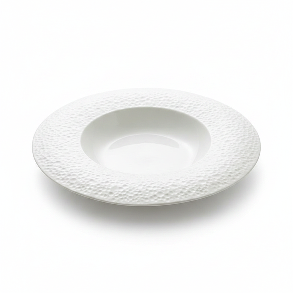 Cratere deep white porcelain soup plate with dimpled textured rim on white