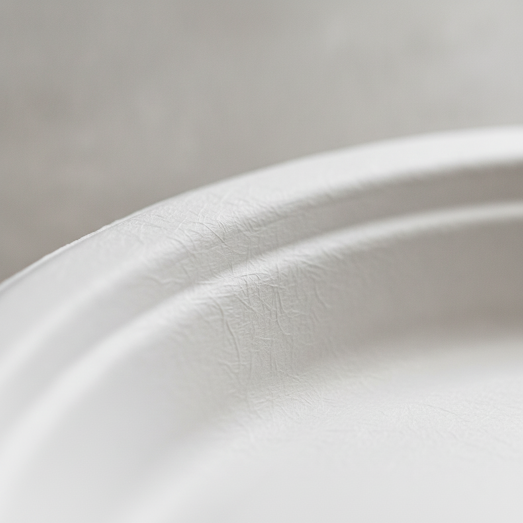Macro detail of the natural molded sugarcane bagasse fiber texture on a compostable plate rim