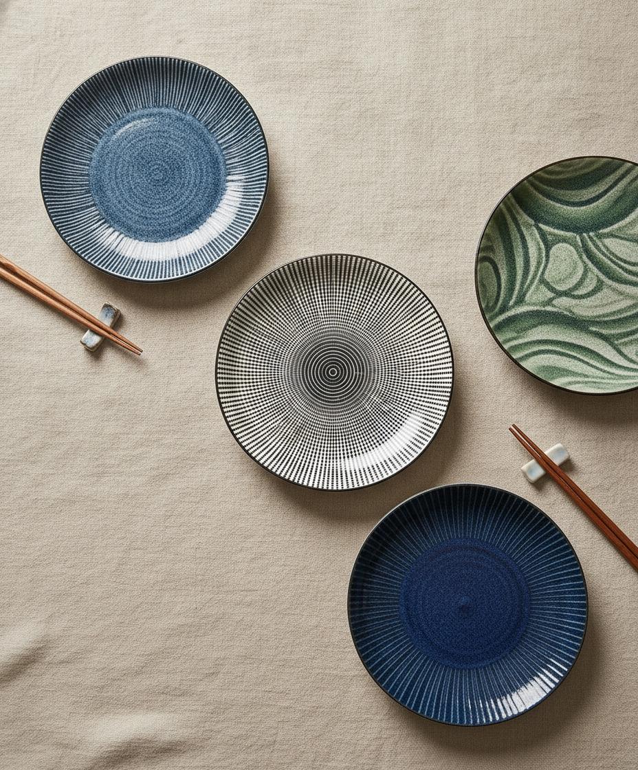 Overhead flat-lay of four Eastern ceramic plates in different glaze patterns