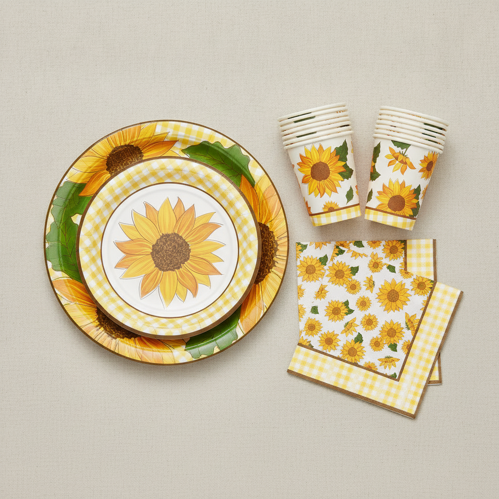 Overhead flat-lay of fanned sunflower paper plates, cups and napkins on cream linen