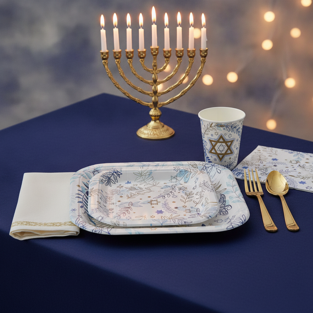 Hanukkah place setting with white square blue-gold Star of David paper plates and a lit menorah