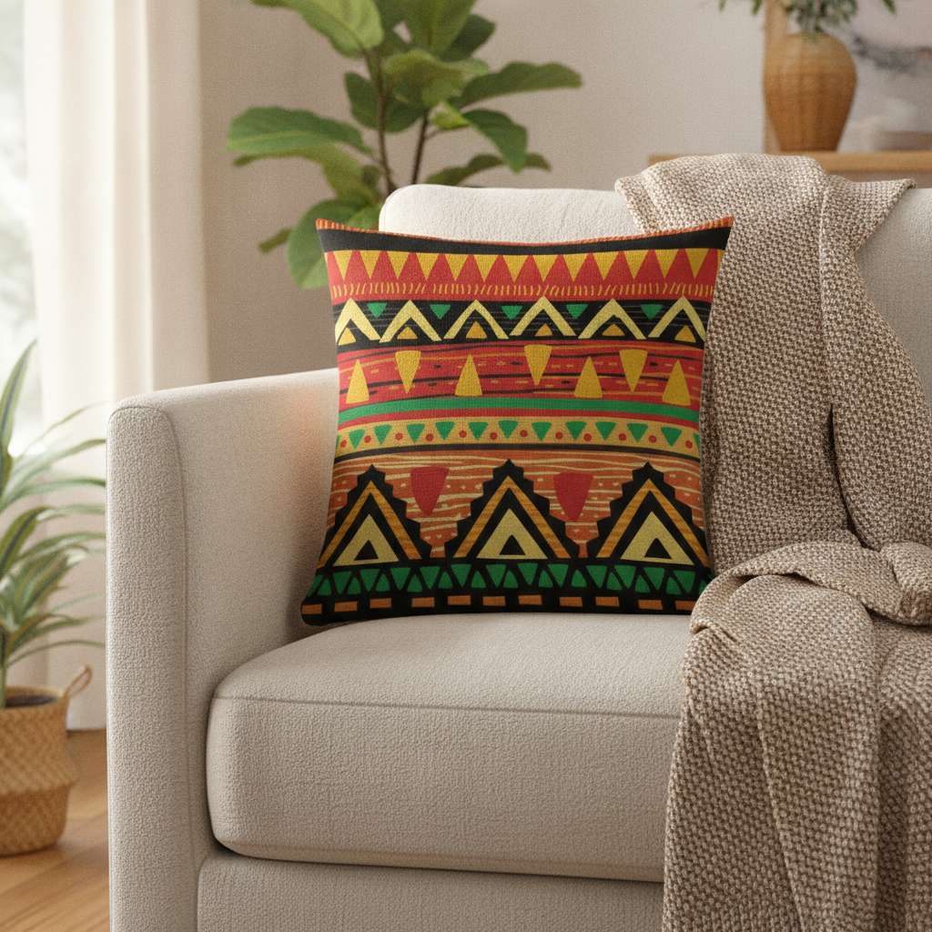 Boho aztec print throw cushion styled on a cream linen sofa — Maison's Kitchen