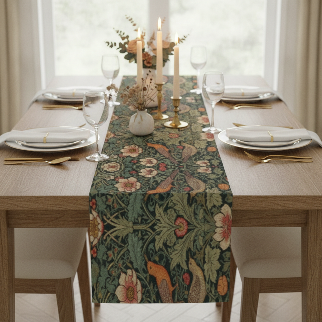 Forest green bird and floral table runner styled down the center of an elegant set dining table