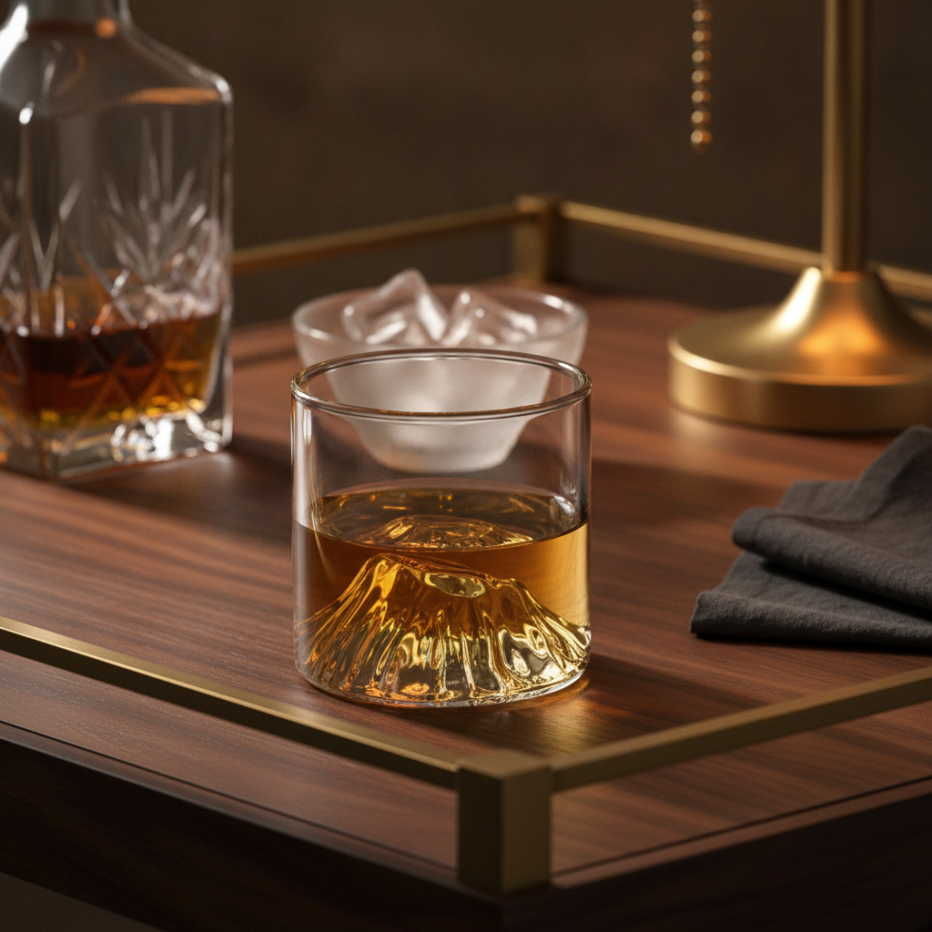 Fuji whiskey glass styled on a dark wood bar cart with decanter and warm lamplight