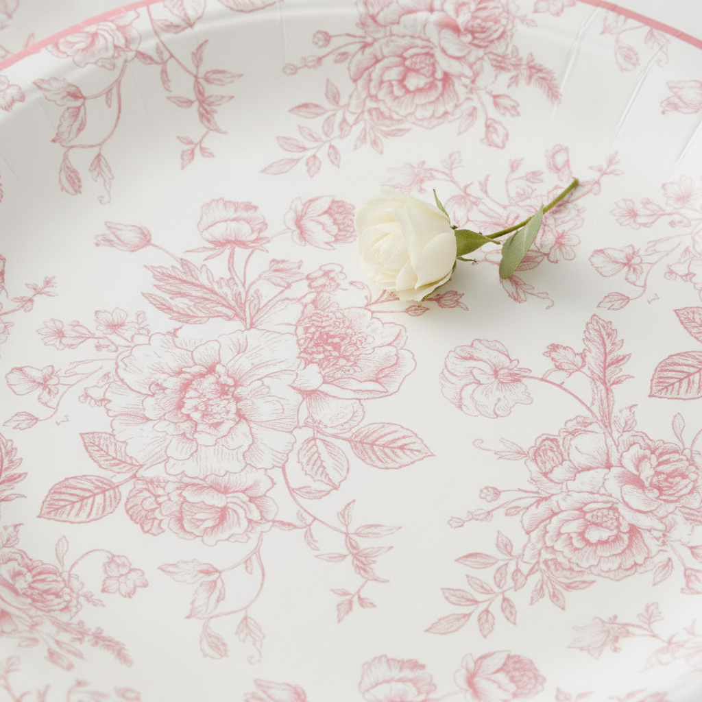 Macro detail of the pink wildflower toile print on a matte paper plate