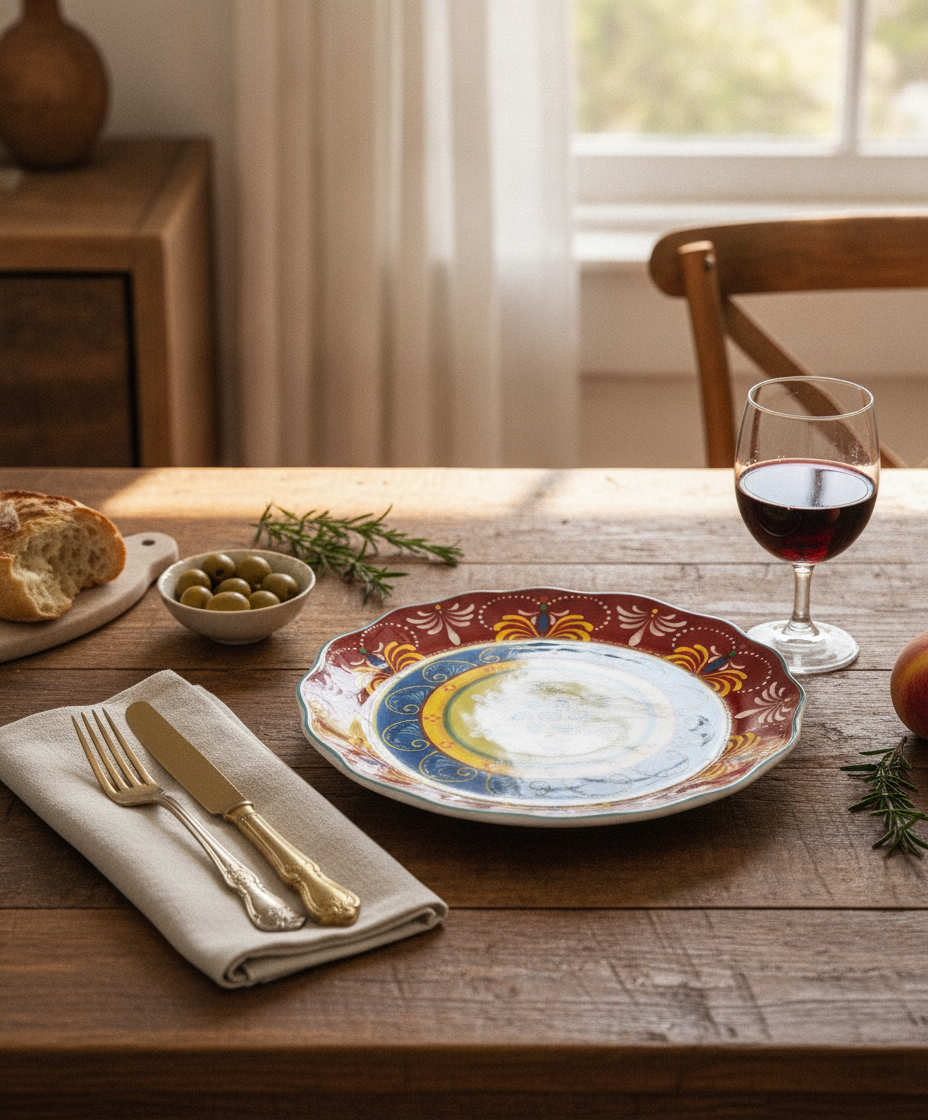 Place setting with the Mediterranean floral ceramic dinner plate on a rustic wood table