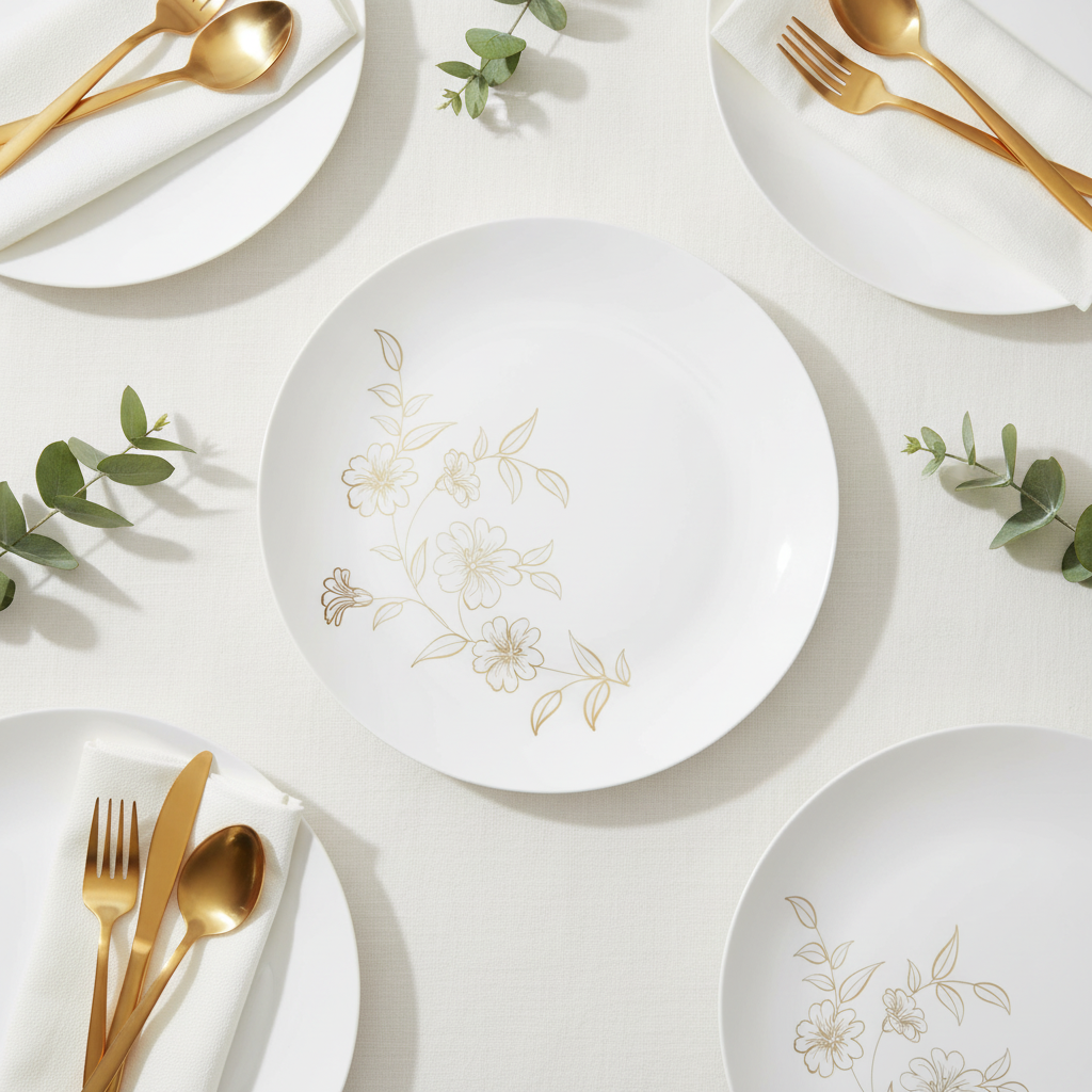 Overhead flat-lay of white gold-floral plastic plates with napkin and gold cutlery