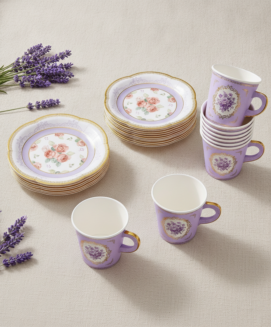 Purple floral paper tea cups and plates set arranged on oat linen with natural contact shadows