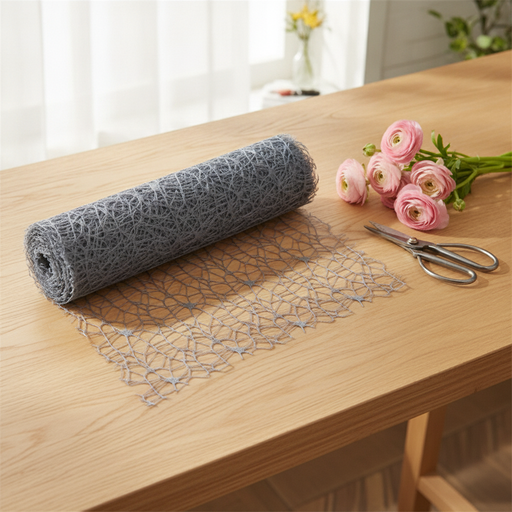 Gray spiderweb mesh floral wrapping roll on florist table with ranunculus and shears