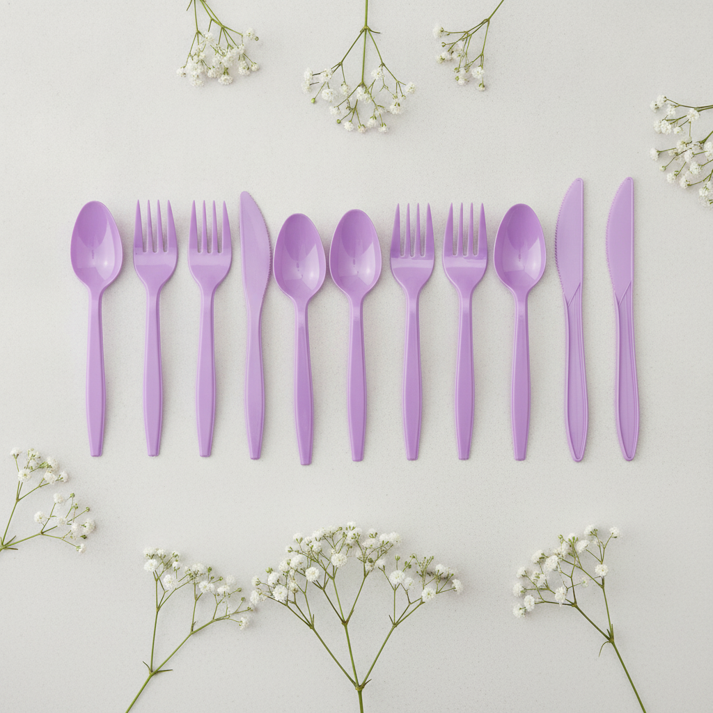 Overhead rows of purple plastic forks spoons and knives with baby's breath florals