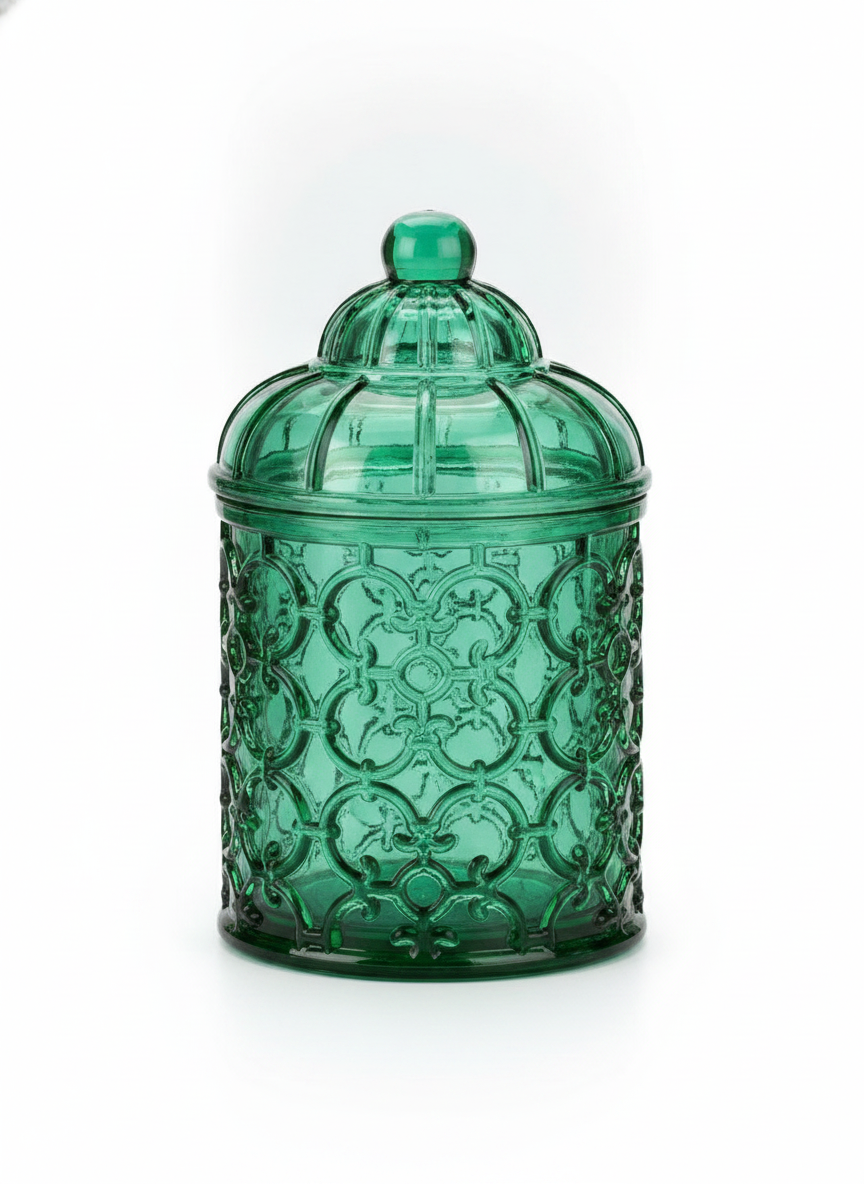 Emerald green domed lattice glass canister with finial knob on white background